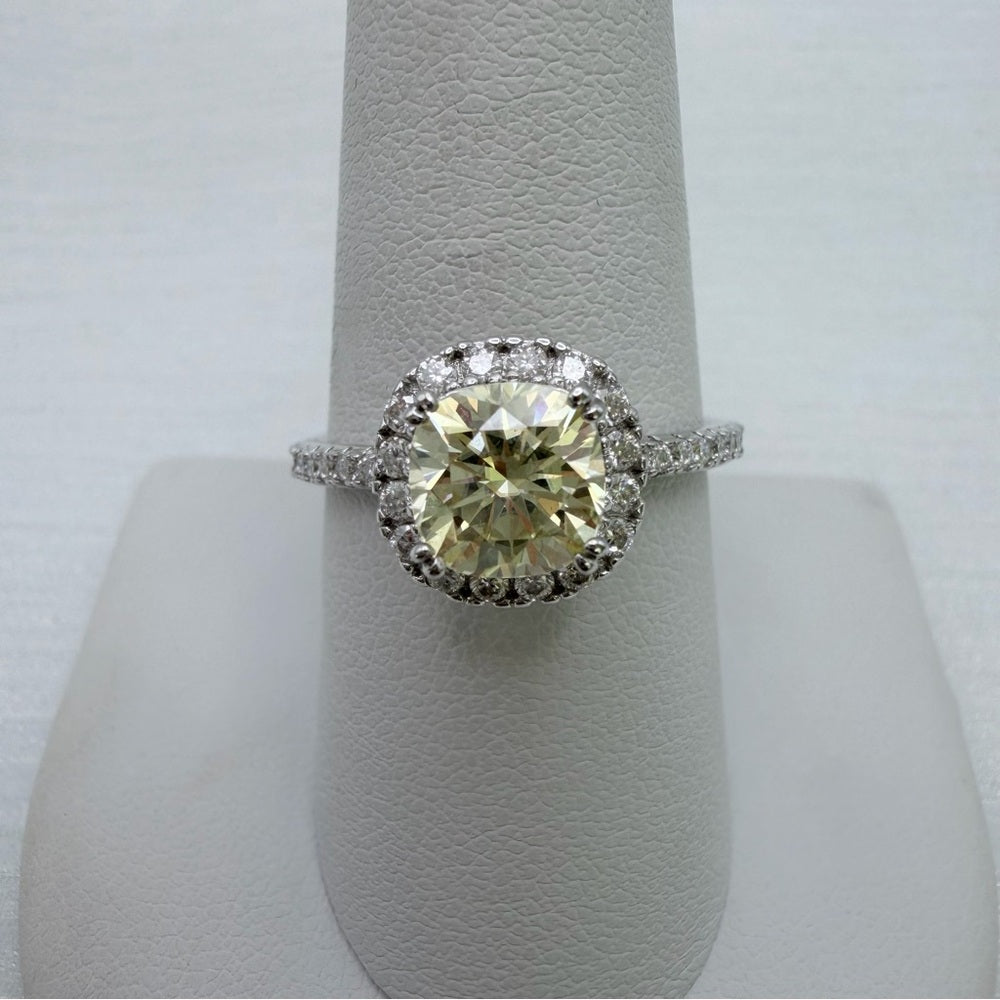 4.1 Moissanite Diamond Cushion Cut Yellow with Moissy Pavé Halo & Eternity Band
