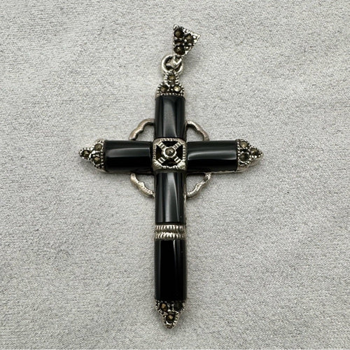 Black Onyx Silver Detail Cross Pendant