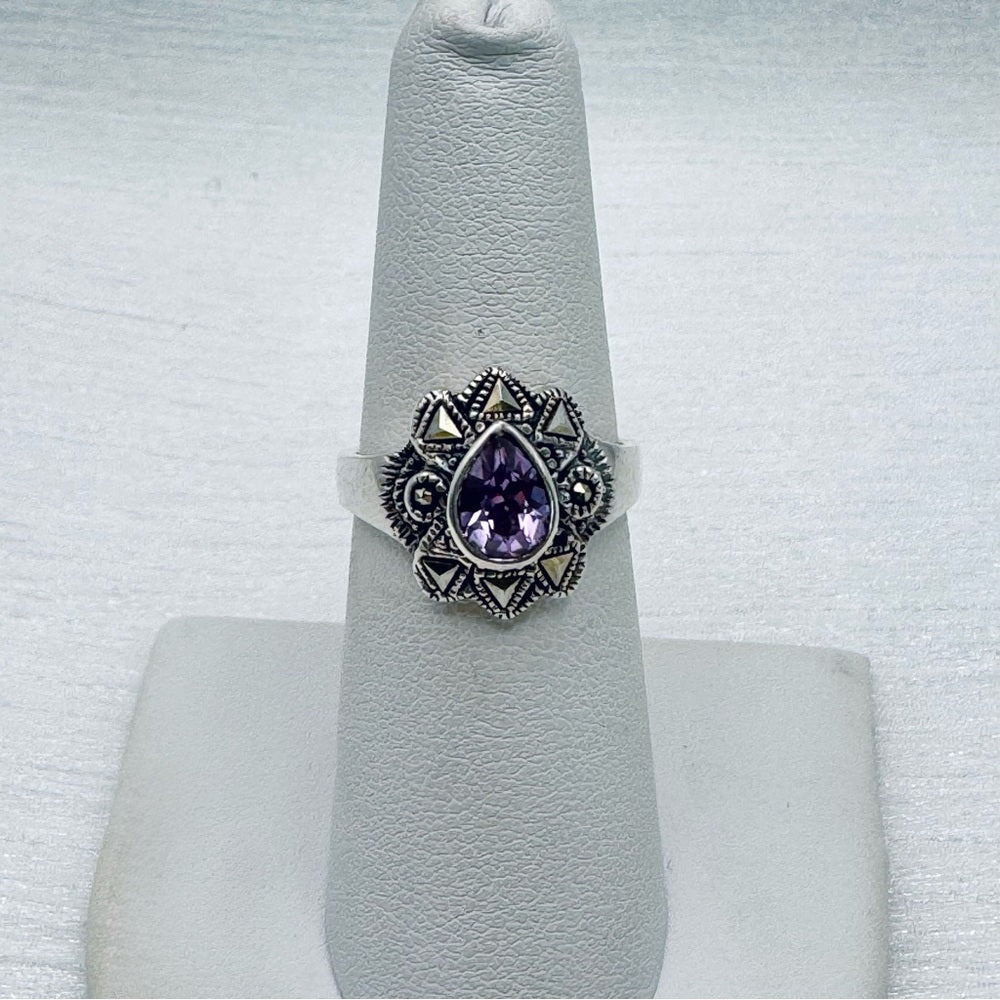 Amethyst Tear Drop & Marcasite Diamond Ring