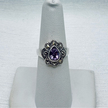 Amethyst Tear Drop & Marcasite Diamond Ring