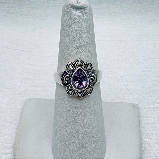 Amethyst Tear Drop & Marcasite Diamond Ring