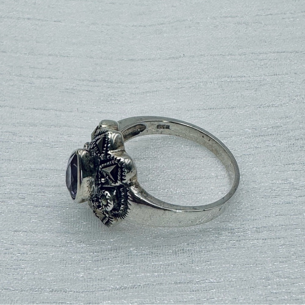 Amethyst Tear Drop & Marcasite Diamond Ring