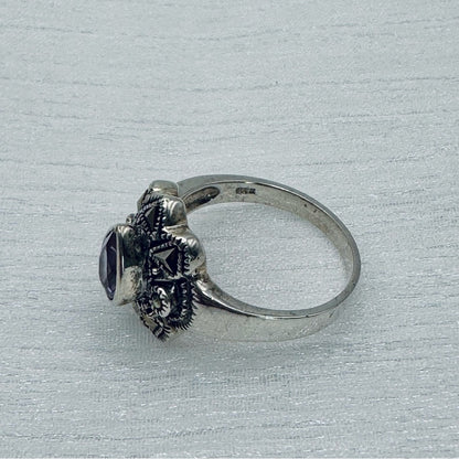 Amethyst Tear Drop & Marcasite Diamond Ring