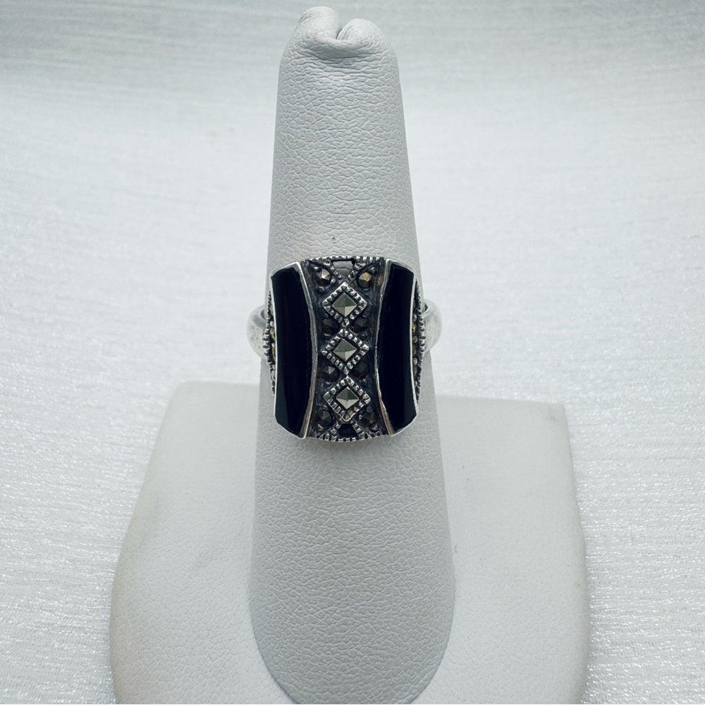 Onyx & Marcasite Diamond Ring