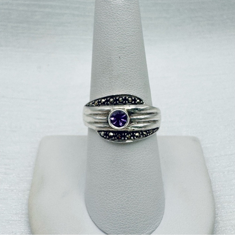 Purple Crystal & Marcasite Diamond Ring