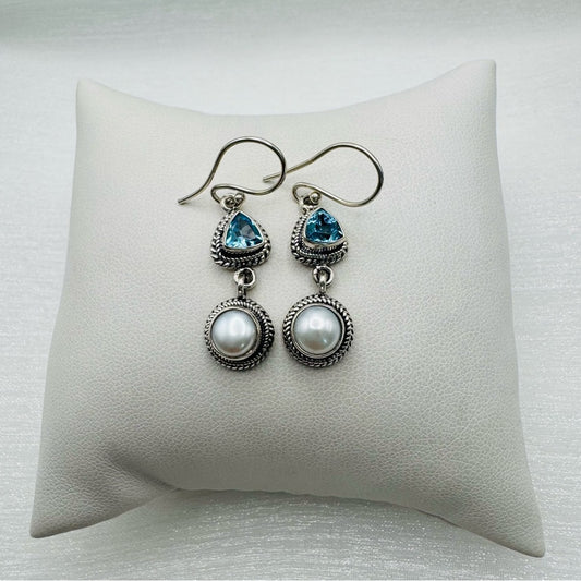 S925 Blue Topaz and Pearl Dangle Earrings