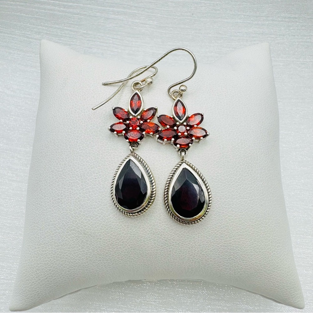 S925 Garnet Floral Earrings