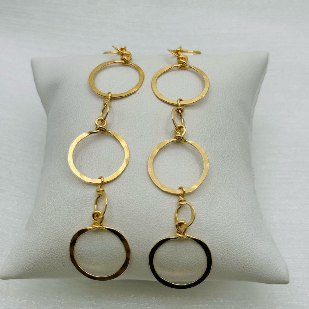 #27 Gold Handmade Hammered Long Triple Circle Dangle Earrings