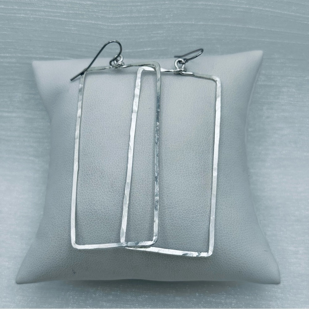 #45 Silver Handmade Hammered Large Rectangle Dangle Earrings