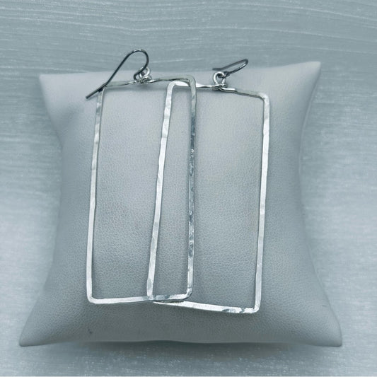 #45 Silver Handmade Hammered Large Rectangle Dangle Earrings