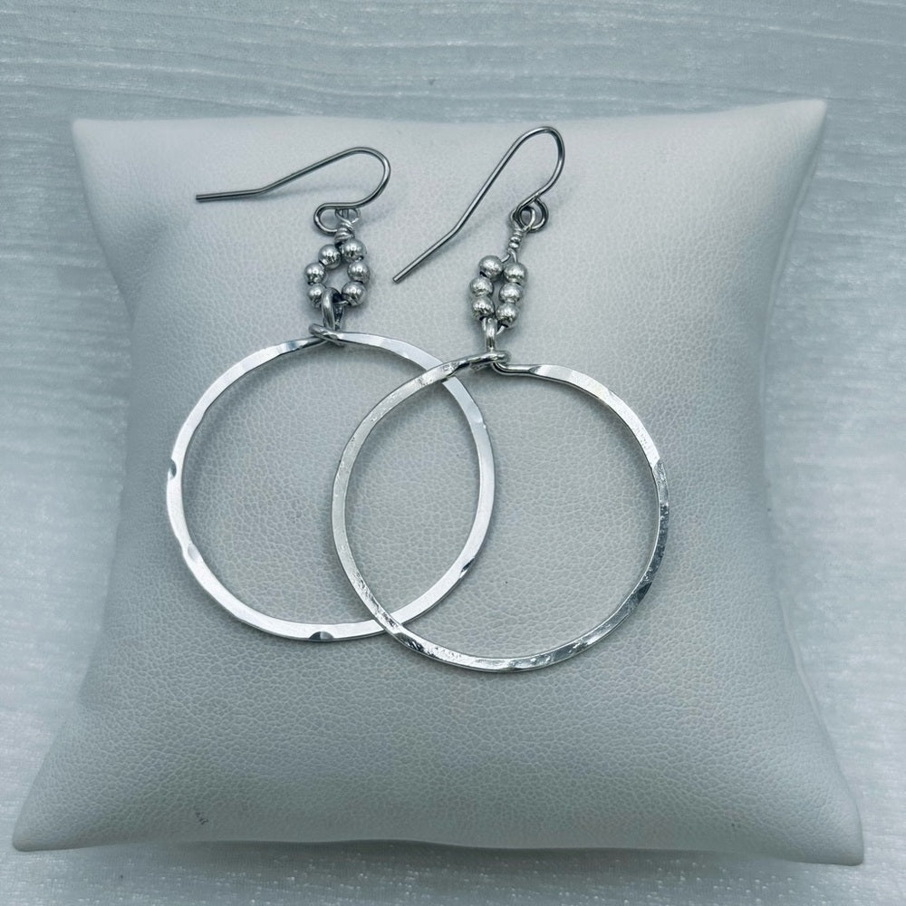 #60 Silver Handmade Hammered Drop Circle Beads Dangle Earrings