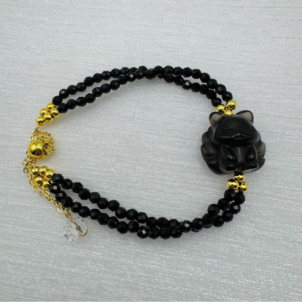 9 Tailed Fox Black Spinel Adjustable Gold Bracelet