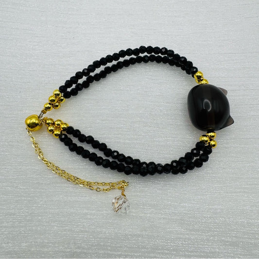 Cat | Black Onyx Gold Adjustable Bracelet
