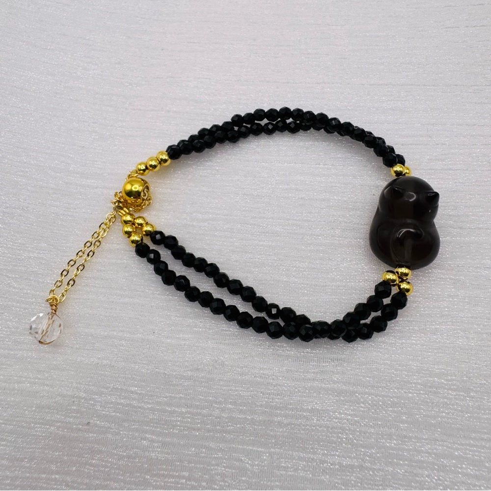 Sleeping Cat Black Spinel Gold Adjustable Bracelet