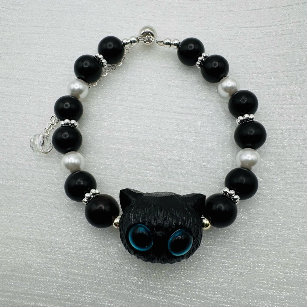 Black Cat Wooden Bead Silver Adjustable Bracelet