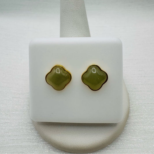 Green Jade Clover Gold Stud Earrings