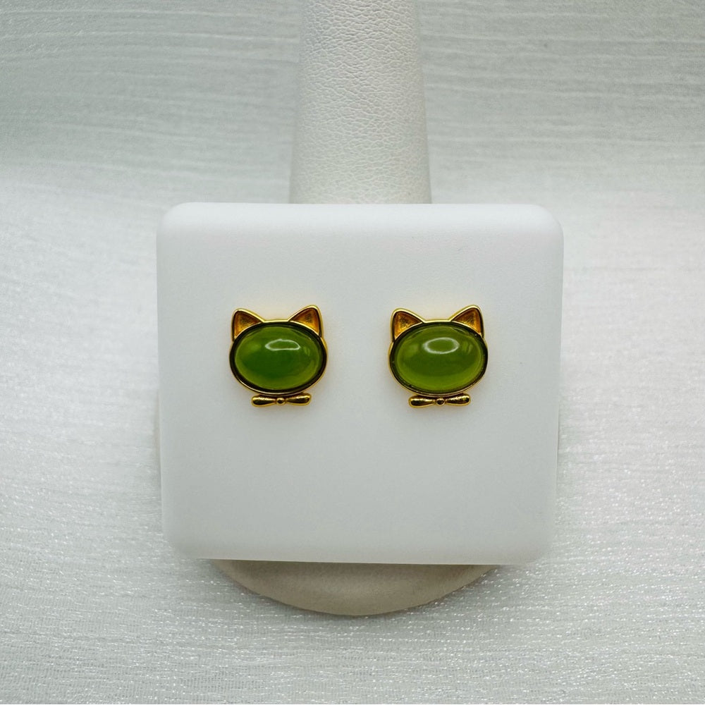 Cat Ear Green Jade Gold Stud Earrings