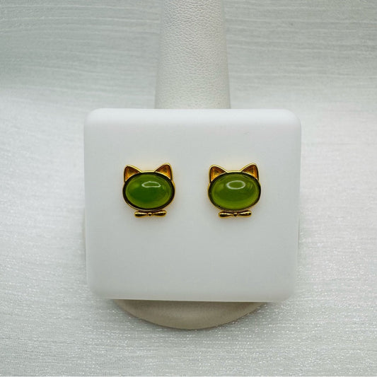 Cat Ear Green Jade Gold Stud Earrings
