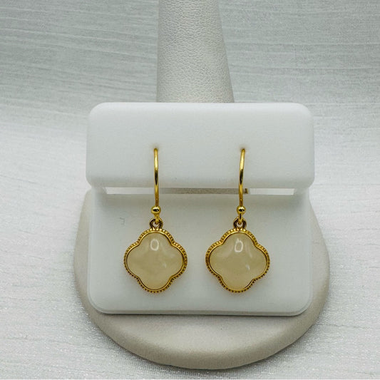 White Jade Clover Gold Drop Earrings