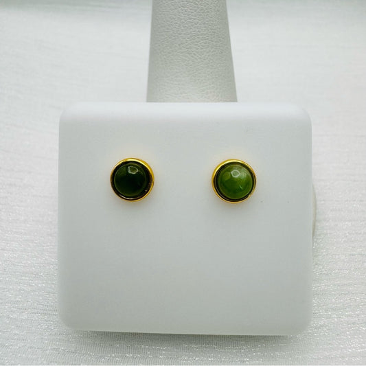 Round Green Jade Gold Stud Earrings