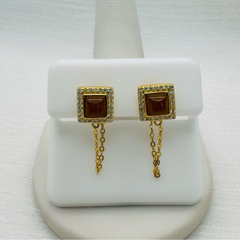 Brown Jade Gold Chain Drop Earrings