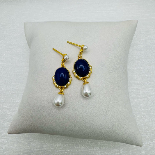 Oval Lapis and Pearl Accent Dangle Earrings