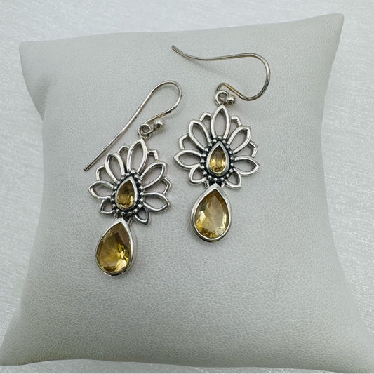 S925 Citrine Floral Dangle Earrings