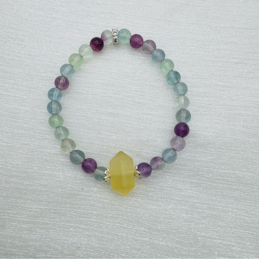 Rainbow Flourite & Lemon Quartz Gemstone Strecthy Bracelet