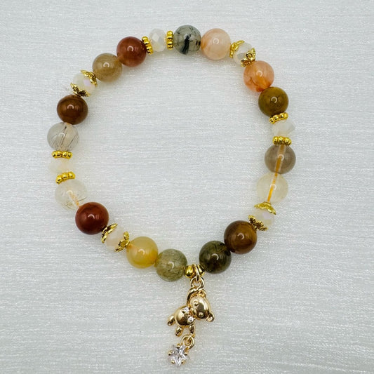 Rainbow Rulilated & Clear Quartz Teddy Charm Stretchy Bracelet