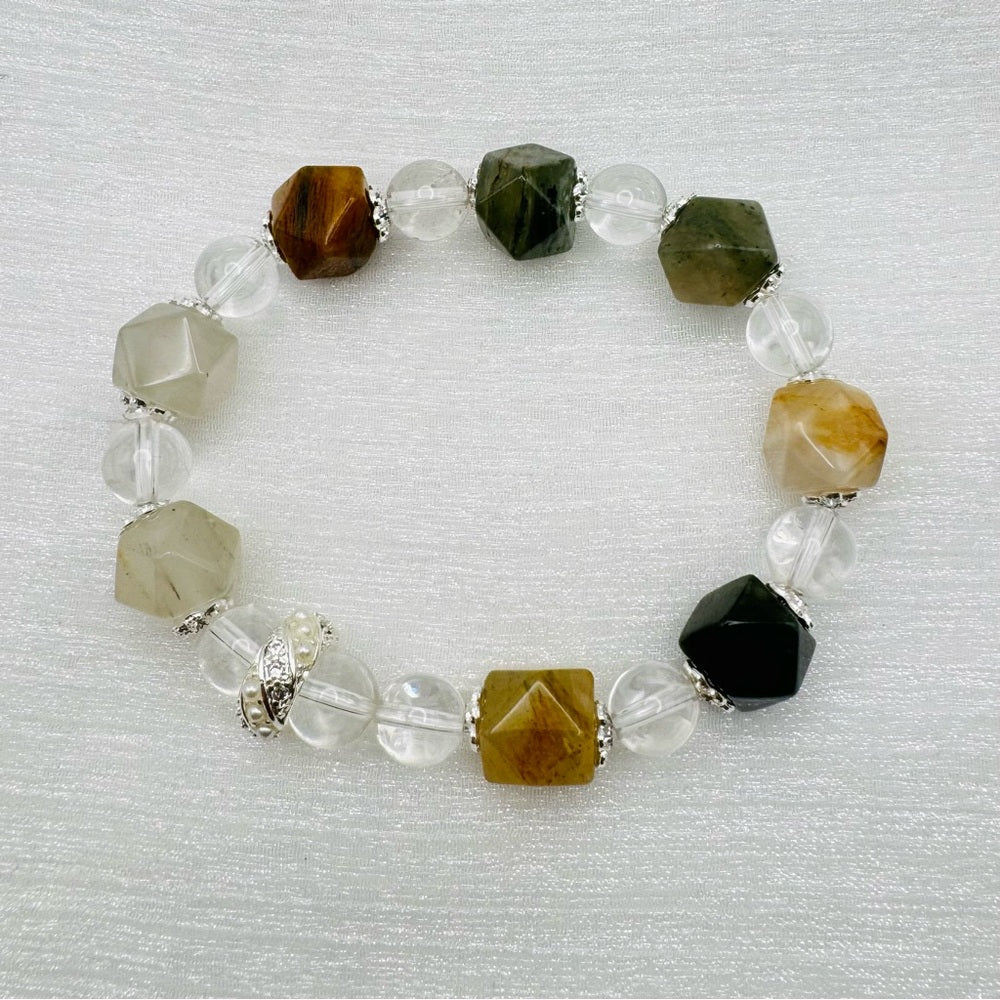 Clear Quartz & Faceted Ocean Jasper Gemstone Stretchy Bracelet