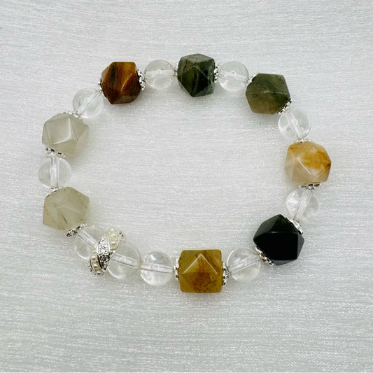 Clear Quartz & Faceted Ocean Jasper Gemstone Stretchy Bracelet