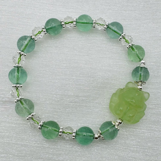 Green Fluorite Nine Tailed Fox Gemstone Stretchy Bracelet
