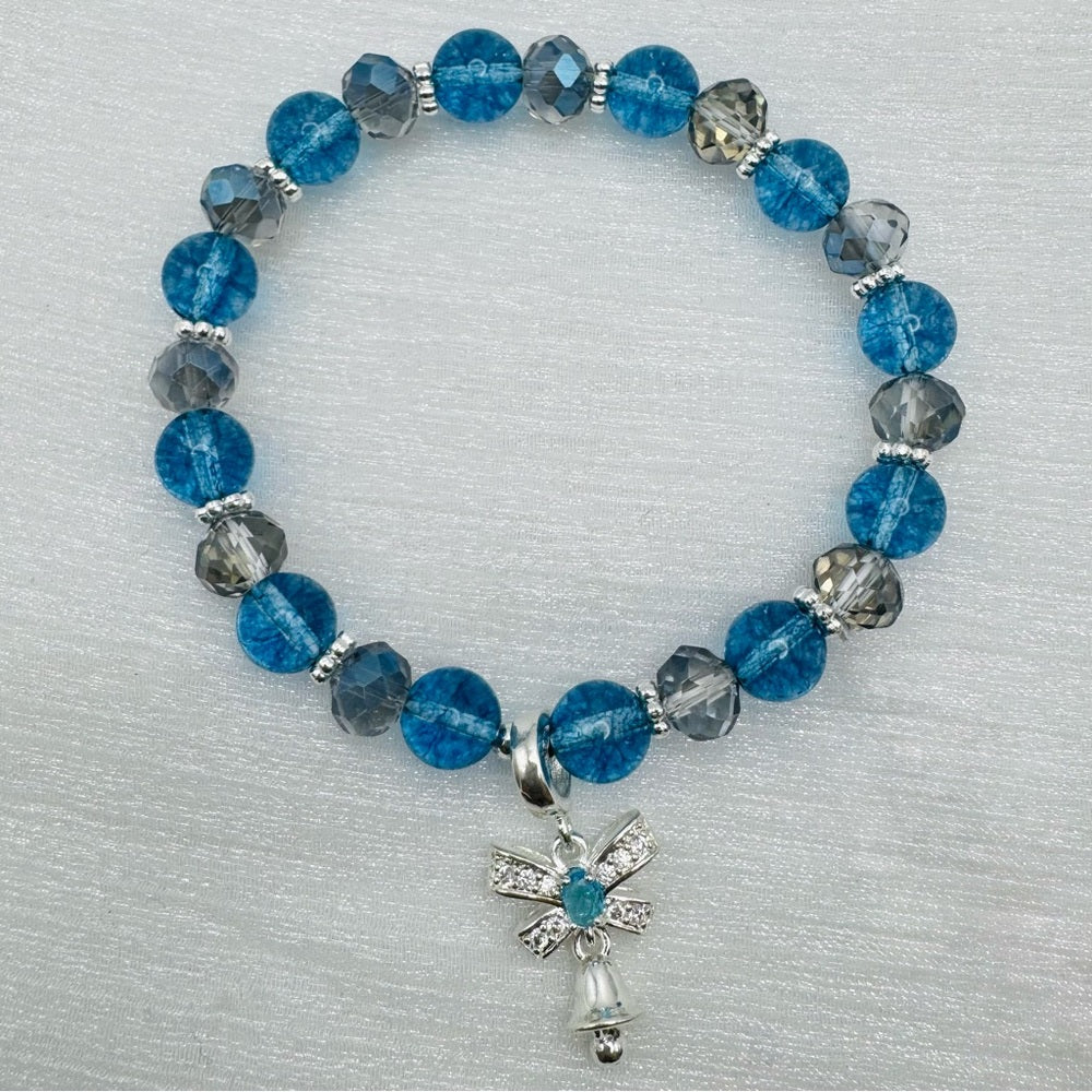 Swarovski & Blue Crackle Quartz Bow Charm Stretchy Gemstone Bracelet