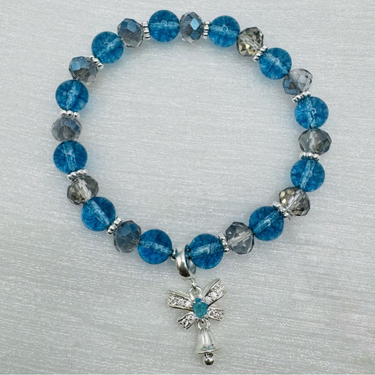 Swarovski & Blue Crackle Quartz Bow Charm Stretchy Gemstone Bracelet