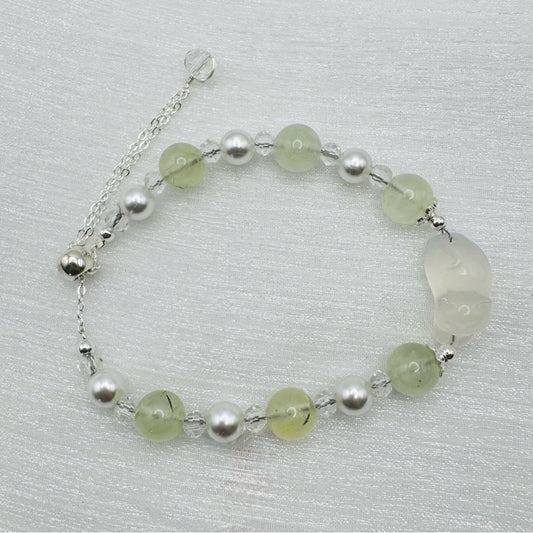 Prehnite & Clear Quartz Sleeping Cat Gemstone Adjustable Bracelet