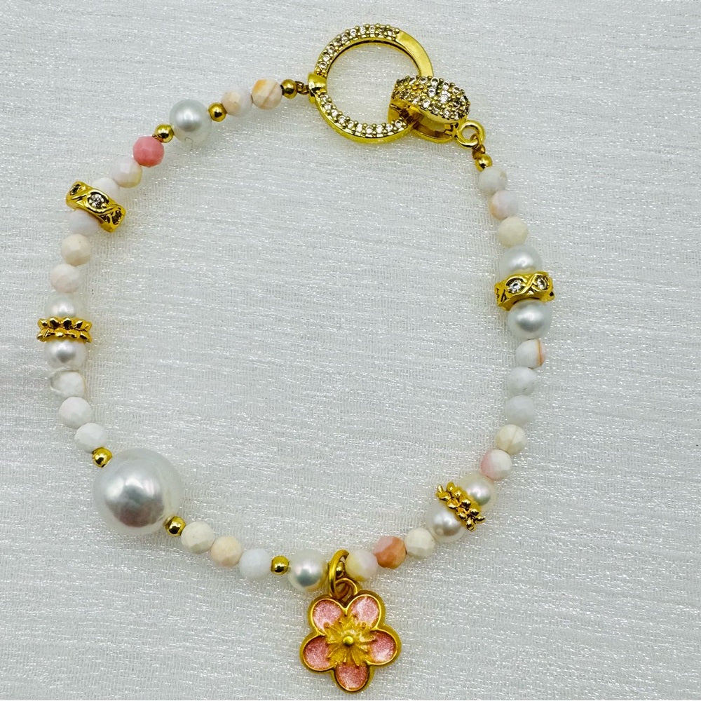 Pink Conch Shell Flower Charm Bracelet