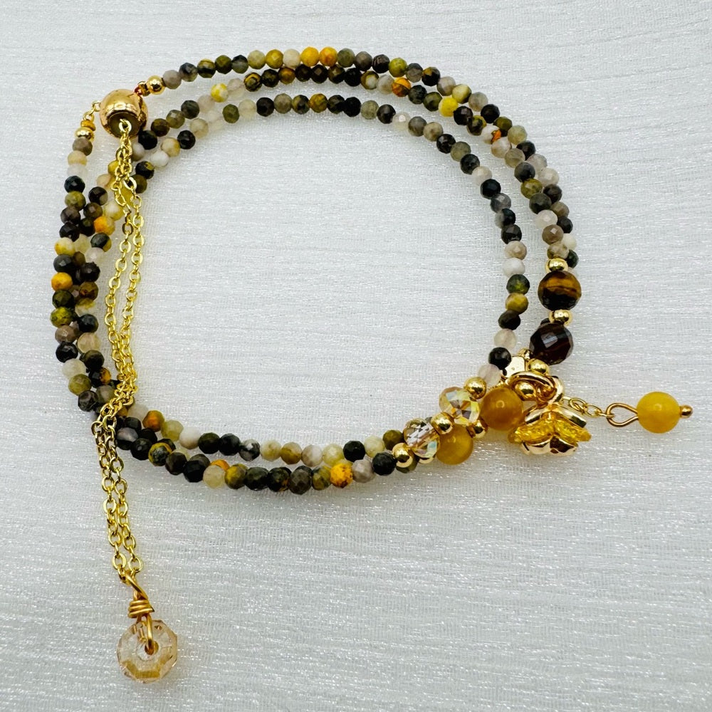 Bumble Bee Jasper Triple Flower Charm Adjustable Necklace & Bracelet