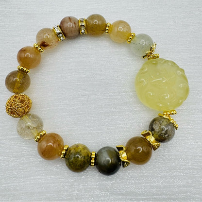 Garden Quartz & Lemon Quartz Carved Pendant Stretchy Bracelet