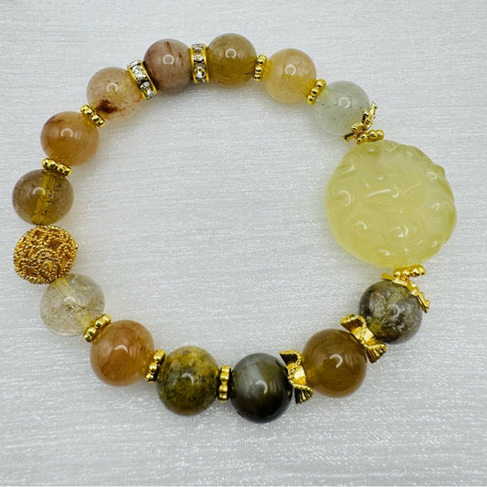 Garden Quartz & Lemon Quartz Carved Pendant Stretchy Bracelet