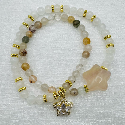 Clear Quartz & Garden Quartz Star Double Stretchy Bracelet