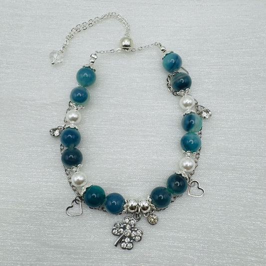 Candy Agate Gemstone Heart & Four Leaf Clover Charm Adjustable Bracelet