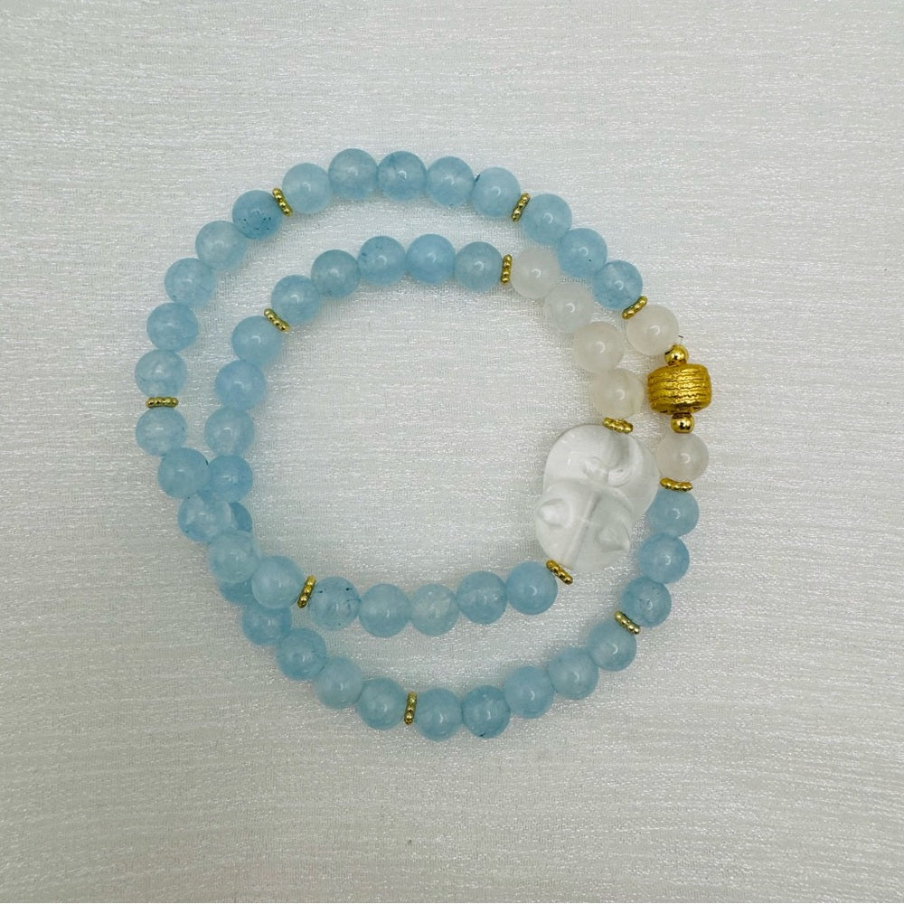 Aquamarine & Clear Quartz Sleeping Cat Gemstone Stretchy Double Bracelet