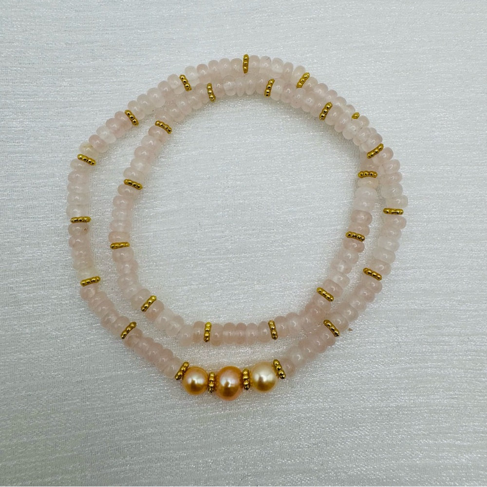 Rose Quartz & Peach Freshwater Pearl Gemstone Stretchy Bracelet