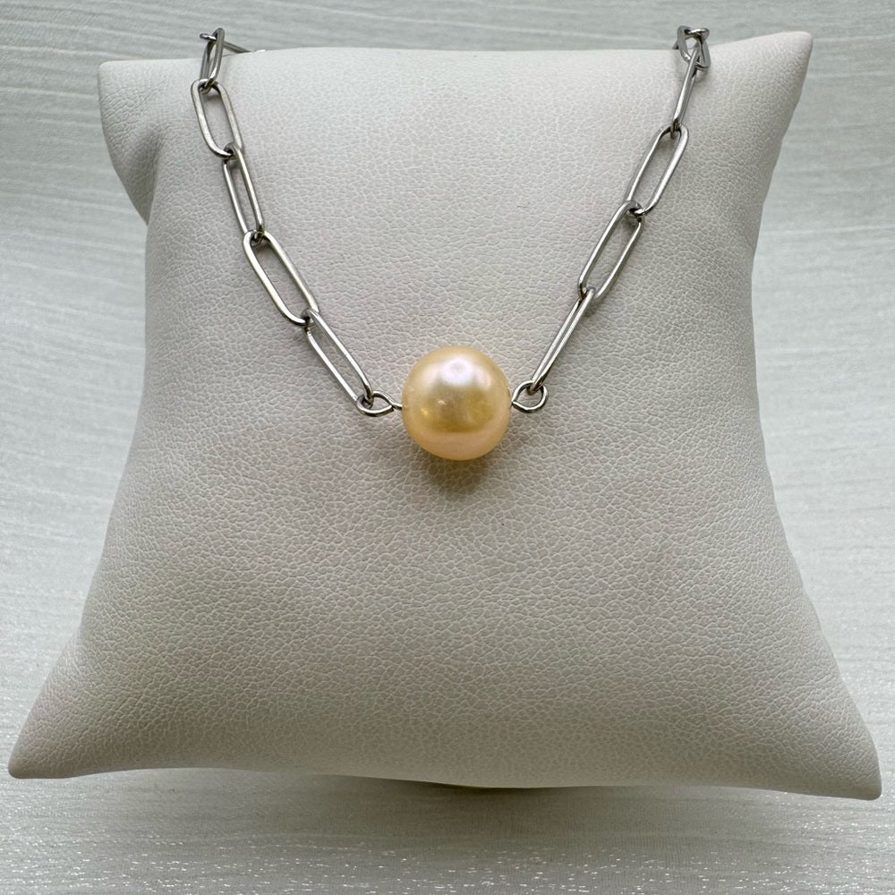 Golden Freshwater Pearl Large Paper Clip Chain Necklace