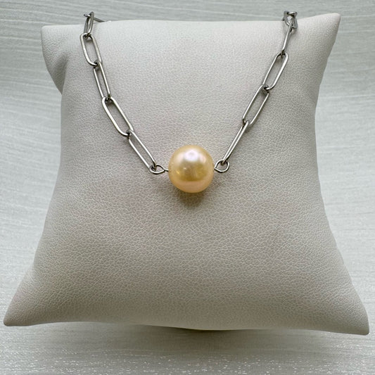 Golden Freshwater Pearl Large Paper Clip Chain Necklace