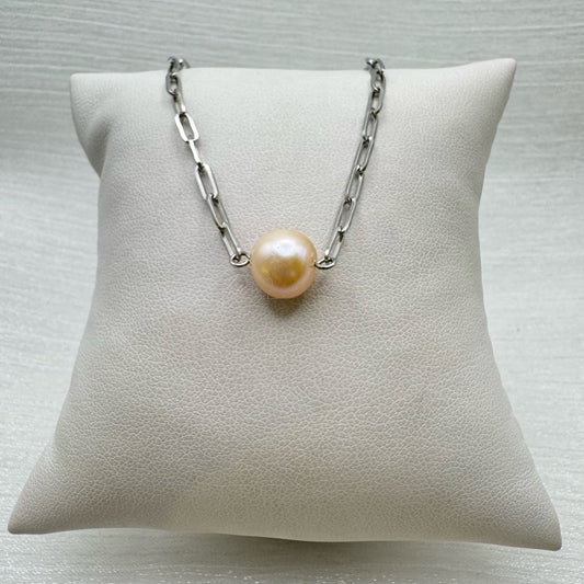 Golden Freshwater Pearl Paper Clip Chain Necklace