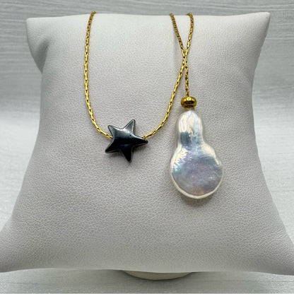 Hematite Star & Freshwater Pearls Gold Adjustable Necklace