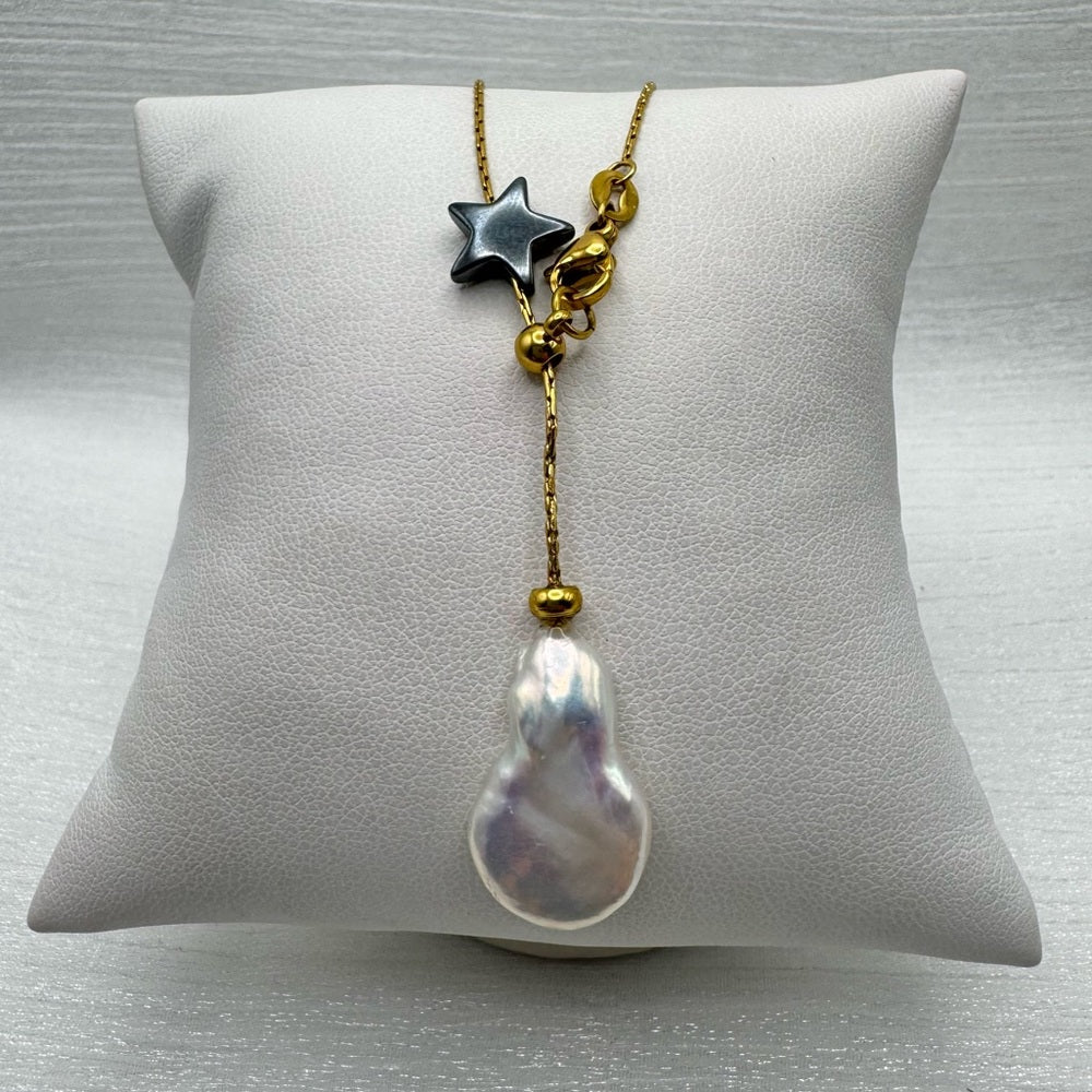 Hematite Star & Freshwater Pearls Gold Adjustable Necklace