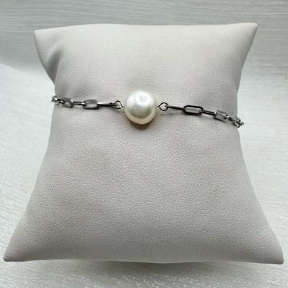 Natural Freshwater Pearl Silver Paperclip Bracelet
