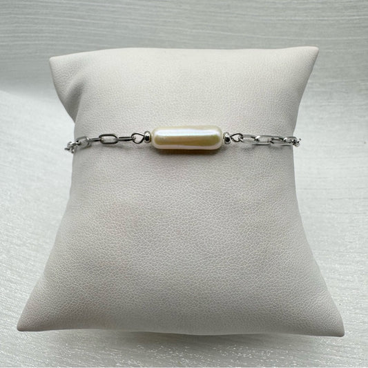 Freshwater Pearl Silver Paperclip Bracelet